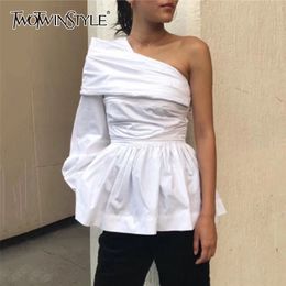 White Sexy Asymmetrical Blouse For Women Skew Collar Long Sleeve Tunic Shirts Female Fashion Clothing Spring 210524