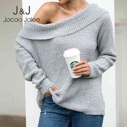 Jocoo Jolee Women Autumn Winter Casual Long Sleeve Off Shoulder Sweater Solid Loose Knitting Pullover Plus Size Jumpers 210518