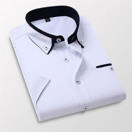 Mens Short Sleeve Shirts Slim Fit Formal Male White Naby Blue Grey Business Social Dress Summer Men's Clothing 210626