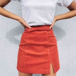 Woman corduroy skirt summer sexy mini Vintage harajuku skirts mini slit slim high waist straight skirt ladies korean style 210721