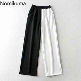Nomikuma Causal Sweatpants Women Stretch High Waist Long Trousers Korean Contrast Color Pactwork Wid Eleg Split Pant Mujer 6G416 210427