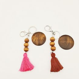 Wooden beaded key ring Party Favor wood bead keychains can print round and cotton tassel pendant keychain 5colors wmq928