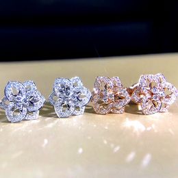 Women Flower Stud Earring Sparkly Zircon Earrings Silver Rose Gold Fashion Jewellery Accessories for Gift Party