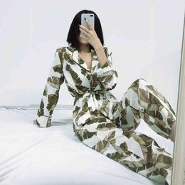 HiLoc Banana Leaf Robe Sets Long Sleeve Satin Pyjamas Tropical Graphic 2 Piece Set Women Sleepwear Home Suit Sets Bathrobe 211109