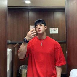 Korean Fashion Half Sleeves Oversized T-shirt Men's Cotton Summer Casual Street Hip Hop Fitness Clothing Plus Size T Shirt 210421