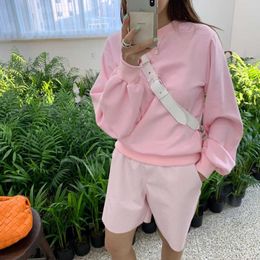 WOMENGAGA Korea Pink Girly Heart Elastic High Waist Wide Leg shorts PU Leather Shorts Sweet Women Female Mini Short F9 210603