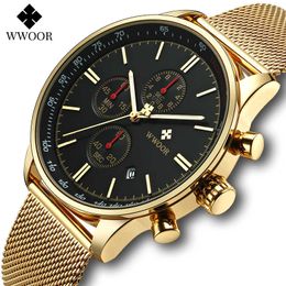 Relogio Masculino WWOOR Sports Mens Watches Top Brand Luxuy Gold Black Mesh Steel Quartz Waterproof Date Chronograph Wrist Watch 210527