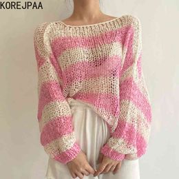 Women Sweater Summer Korean Chic Gentle Sweet One-Shoulder Striped Loose Long-Sleeved Hollow Knit Sunscreen Top 210514