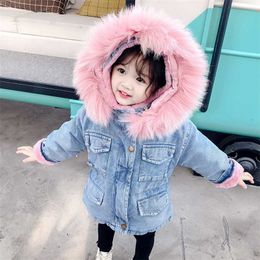 Winter Autumn Girls Jackets Baby Coats Fur Collar Plus Velvet Thick Denim Children Outerwear Kids Clothes HPY040 211011