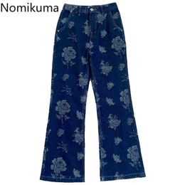 Nomikuma Streetwear Vintage Rose Jeans Pants Autumn Winter Korean High Waist Long Trousers Causal Women Demin Pants 6D171 210427