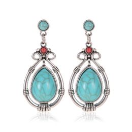 Fashion Vintage Tibetan Silver Natural Turquoise Earring Blue Stone Water Droplets Dangle Earrings for Women