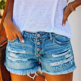 Cotton High Waist Hole Denim Shorts Women Summer Blue Straight Sexy Ripped Tassel Slim Streetwear Button Fly Jeans 210719