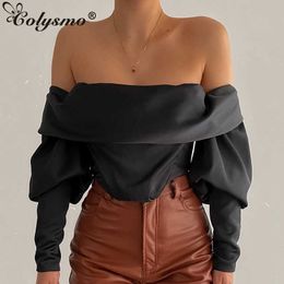 Colysmo Puff Sleeve Shirts Off Shoulder Top Elastic Lining Back Boning Zipper Buttons Black Satin Crop Fashion Women Blouses 210527