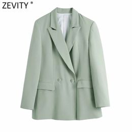 Women Fashion Notched Collar Green Fitting Blazer Coat Office Ladies Long Sleeve Pockets Female Outerwear Chic Tops CT680 210420
