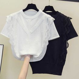 Summer Short Sleeve Thin Knitted Pullover Tops Women lace Casual Korean Oversized sweater Femme Jumper Female Tee Shirt 210604