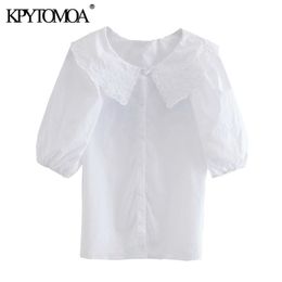 Women Fashion With Embroidery Collar Poplin Blouses Puff Sleeve Button-up Female Shirts Blusas Chic Tops 210420