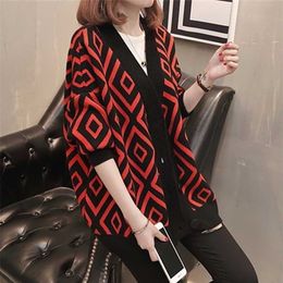 Women Sweater Cardigans Casual V Neck Long Sleeve Oversized Loose Plaid Buttons Knitted Tops Winter Female Sweater Outwear 211103