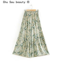 Chu Sau beauty Fashion Boho Style Floral Print Wide Leg Pant Women Holiday Chic Elastic Waist Lace Long Trousers Female 210508