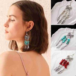 Vintage Ethnic Feather Butterfly Stone Pendant Earrings Earrings Long Beach Female Dangle Jewelry For Women Tassel Bohemian