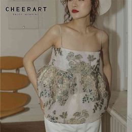 CHEERART Spaghetti Strap Summer Jacquard Cami Embroidered Floral Backless Transparent Femme Bustier Top Designer 210401