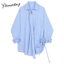 Yitimuceng striped lace up Blouse Women Shirts Loose Spring Fashion Clothes Long Sleeve Neck Button Casual Tops 210601