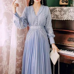 Spring Summer Women Maxi Party Dress Ladies Long Sleeve Lace Crochet Elegant Lady Vintage Pleated Robe Femme 210514