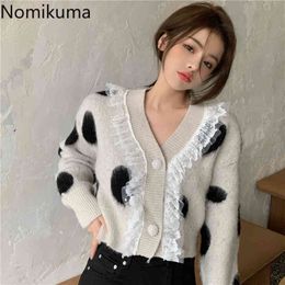 Nomikuma Autumn Winter Mohair Sweater Coat Korean Dot Lace Ruffle Patchwork Knitted Cardigan Causal Short Knitwear 6D455 210427