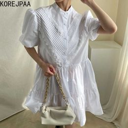 Korejpaa Women Dress Summer Korean Chic Niche Age Reducing Stand-Up Collar Pleated Lace Stitching Loose Puff Sleeve Vestido 210526