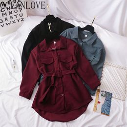 Corduroy Solid Spring Women Tops and Blouses Bandage Vinatge Casual Shirts Single Breasted Blusas Mujer 14291 210415