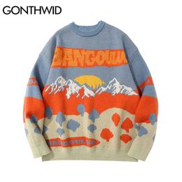 Hip Hop Knitted Sweater Streetwear Vintage Mountain Patchwork Korean Sweater Mens Harajuku Fashion Casual Thick Sweaters 211221
