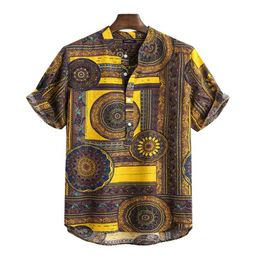 Cotton Men's Shirt Ethnic Print Vintage Short Sleeve Streetwear Tops Tess Loose Male Beachwear Holiday Hawaiian Shirts 210626