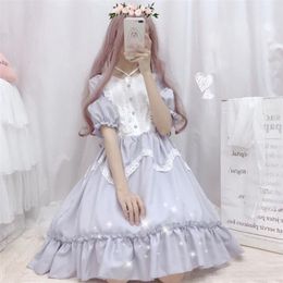 Hstar Cute Women's Lolita OP Dress Flouncing Lace Trim Japanese Harajuku Long Sleeves Doll Fairy Vestidos 210623
