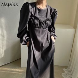 Fashion Draped Design Solid Dress Women High Waist Hip A Line Long Vestidos O Neck Pullover Sleeve Robe Spring 210422