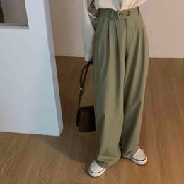 Green High Waist Casual Trousers Brief Gentle All Match Straight Lady Loose Chic Thin Summer OL Wide Leg Pants 210421