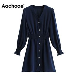 Solid Elegant Women Spring Summer V Neck Casual A Line Butterfly Long Sleeve Vintage Navy Dress Vestidos 210413