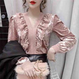 Spring Style Temperament All-match Age Reduction Blouse Female Lace Ruffled V-neck Blusa Fashion Puff Sleeve Shirt C686 210506