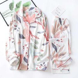 Women Long Sleeve Nightwear Autumn 100% Cotton Knitted Pajama Set Turn-down Collar Leaves Printing Pajamas Loungewear Sleepwear 210622