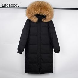 Lagabogy Large Real Raccoon Fur Winter Women 90% White Duck Down Jacket Female Thick Hooded Long Parkas Oversized Snow Coat 211221