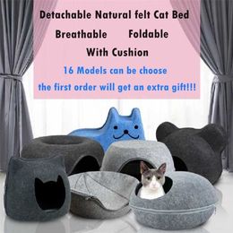 Detachable Natural felt Cat Bed Breathable Pet Cave House With Cushion Zipper Design 18 Models Foldable Shark Shape 211111