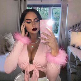 Women Long Sleeve Fur V-Neck Wrapped Bandage Sexy Crop Tops Spring Women Streetwear Club Party Outfits T-Shirts Fashion New 210406