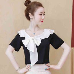 Round Neck Blouse Shirts Summer White korean fashion clothing Ruffled Short-Sleeve Chiffon Shirt Solid Female Tops 820i 210420