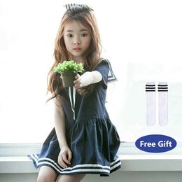 2021 Summer New Girl Korean Style Short Sleeves Mini Dress Kid Sailor Collar One-Piece Girls Preppy Style Children Clothing Q0716