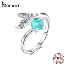 Mermaid Ring 925 Sterling Silver Blue Ocean Stone Tear Fish Tail s for Women Open Ajudstale Jewellery SCR515 211217