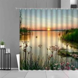 Sunset Dusk River Scenery Shower Curtain Plant Flower Tree Forest Waterfall Spring Summer Landscape Home Decor Bathroom Curtains 210609
