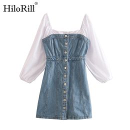 Women High Street Jeans Patchwork Mini Dresses Lantern Long Sleeve Button Up Square Collar A Line Party 210508