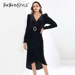 Black Slim Velour Dress For Women V Neck Long Sleeve High Waist With Sashes Midi Dresses Female Fashion Clothes 210520