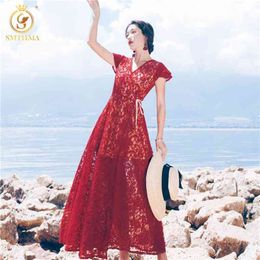 Arrival Red Lace Hollow Out Summer Dress Women's Sweet Sexy Backless Holiday Long Dresses Robe 210520