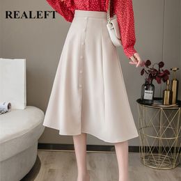 Spring Summer Work Wear Women Midi Skirts Single-Breasted Korean OL Style High Waist A-Line Female 210428