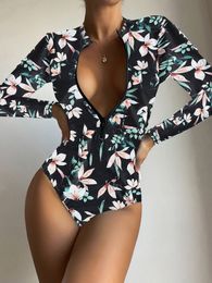 Floral Zip Front One Piece Swimsuit H5jC#