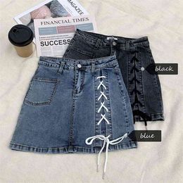 Vintage Denim Skirts Jeans Black Shorts Womens Sexy High Waist Lace Up Bodycon Split Tight Mini Skirt Plus Size 210601